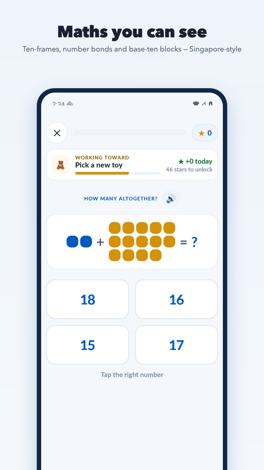 Number Nook lesson: a ten-frame and counters ask “How many altogether?” with four number choices