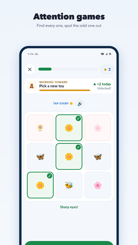 Focus Falls lesson: a grid of flowers, butterflies and a bee, asking the child to tap every flower