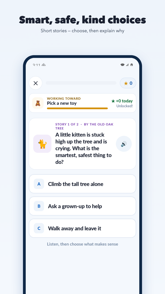 Story Studio: a short story about a kitten stuck up a tree, with three choices including “Ask a grown-up to help”