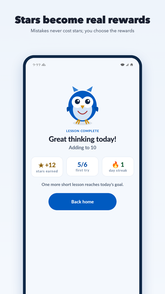 Lesson complete screen: Lumi smiling, “Great thinking today!”, 12 stars earned and a 1 day streak