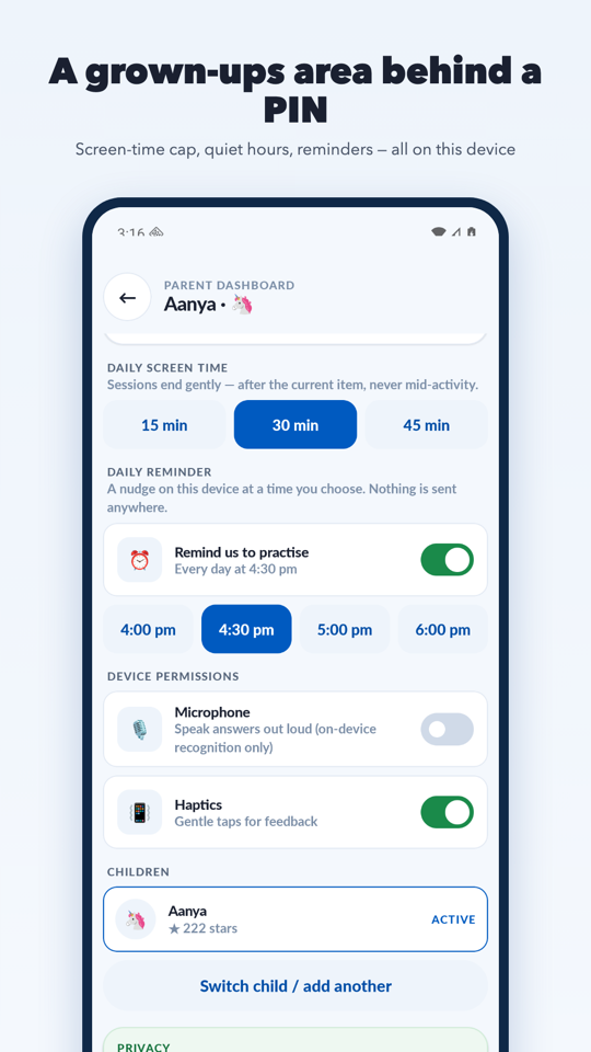 Parent dashboard screen: daily screen-time cap set to 30 minutes, a daily reminder at 4:30pm, microphone and haptics toggles, and Aanya's child profile with 222 stars